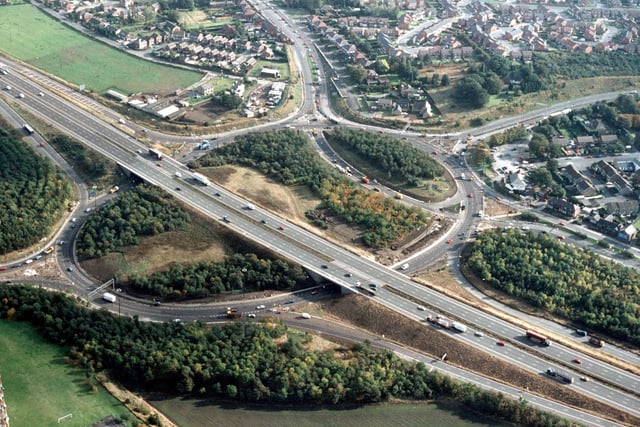 The M62 Motorway crossing Tingley Roundabout. In the bottom left corner is the tower of Tingley Gasworks.
