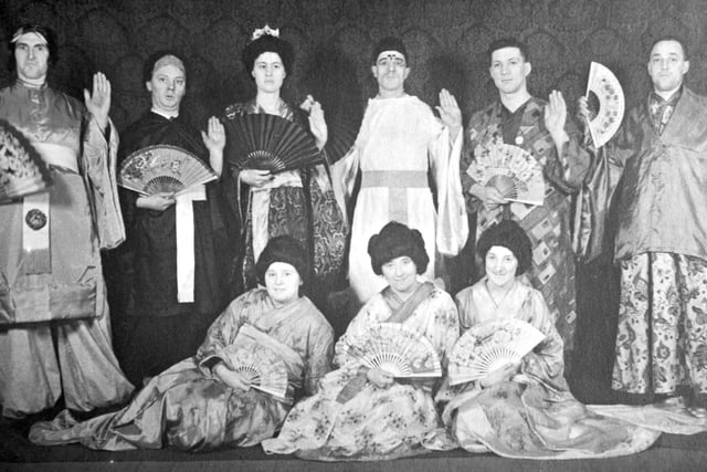 The principal actors of the Tingley Sylvians' in their production of 'The Mikado', the comic opera by W. S. Gilbert and Arthur Sullivan.