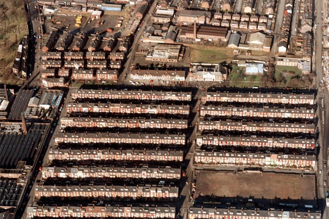 An aerial view of Harehills. In the top left corner is Stanley Road at the junction with Beckett Street and Harehills Road. The corner of Beckett Street Cemetery can be seen. Moving right, in the centre of the top half of the view is Florence Street.