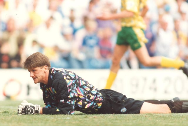 A despondent John Lukic as the Whites endured a bad day of the office with Chris Sutton bagging a hat-trick for the Canaries.