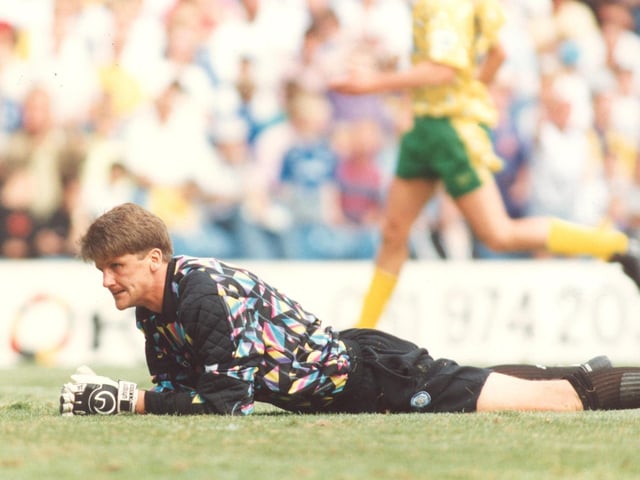 A despondent John Lukic as the Whites endured a bad day of the office with Chris Sutton bagging a hat-trick for the Canaries.