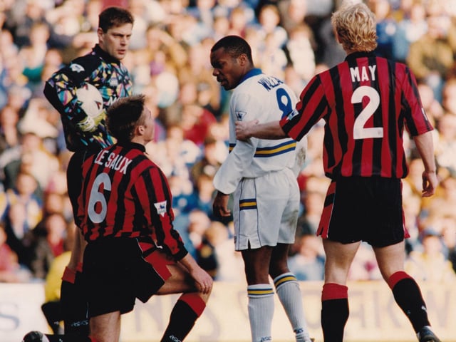 Defender David May attempts to prevent a controntation between Graeme Le Saux and Rod Wallace as goalkeeper Bobby Mimms looks on.