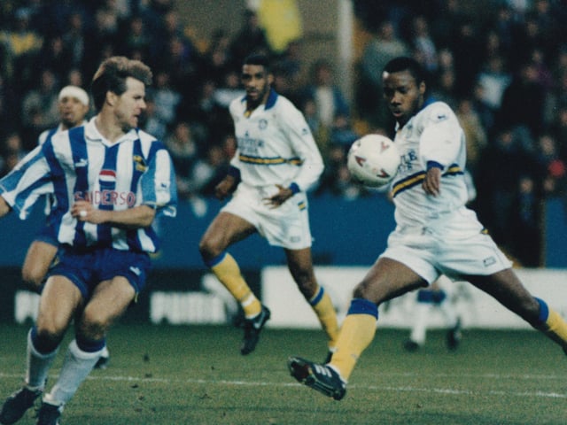 Rod Wallace hammers home United's second equaliser after beating Wednesday defender Roland Nilsson.