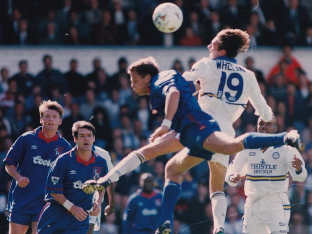 Noel Whelan rises high during the clash with Chelsea at Elland Road. United's goalscorders that day were Brian Deane, David Rocastle and two from Rod Wallace.