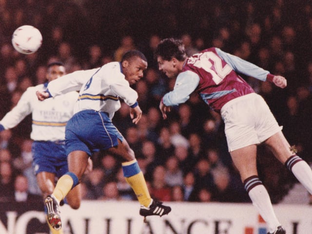 Rod Wallace comes face to face with West Ham United's Tony Gale at Upton Park.