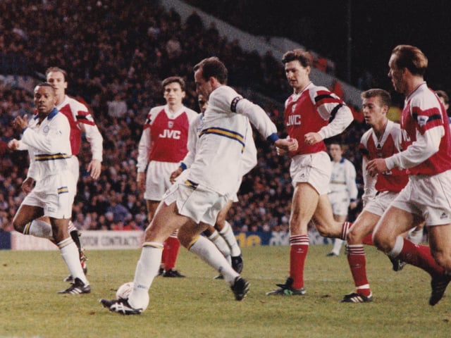 Gary McAllister fires the Whites into the lead against the Arsenal at Elland Road. The Gunners finished the season just above Leeds in fourth place.