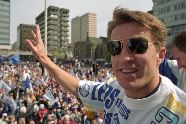 Lee Chapman waves to the crowds during the open top bus parade. He scored 16 goals in 38 games that season, including goals away to the rest of the top four.