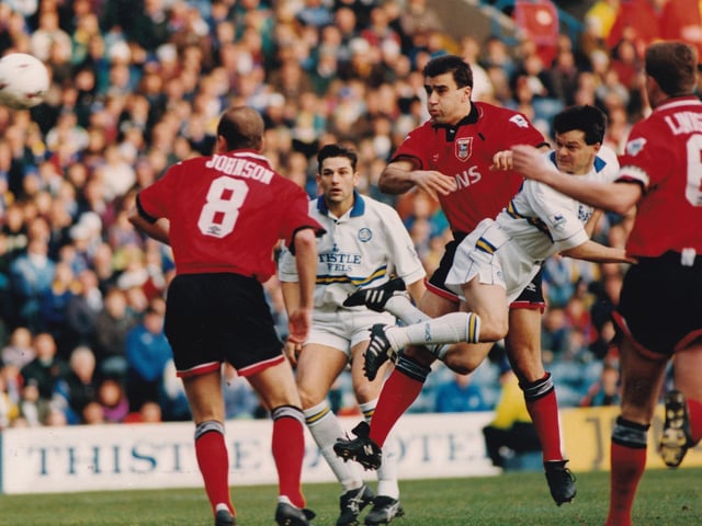 Steve Hodge heads for goal after only 15 seconds but a fine save from Ipswich goalkeeper Craig Forrest denied him any early glory.