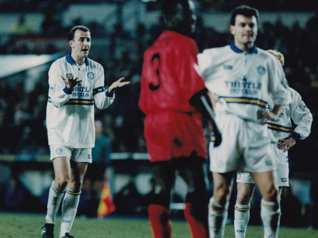 Skipper Gary McAllister has a 'what's wrong with that' gesture for referee Mike Reed who denied him a goal from his quickly taken free kick.
