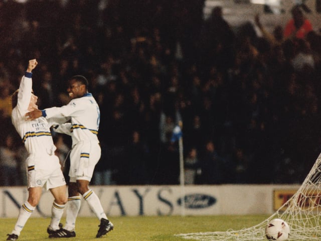 Gordon Strachan and Rod Wallace celebrate Leeds United's equaliser at Hillsborough.