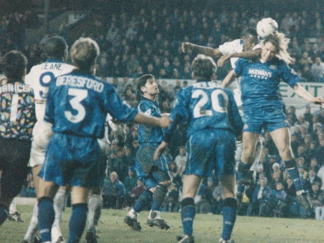 Chris Fairclough rises to head home the equaliser at Elland Road after Andy Vole had given the Magpies the lead.