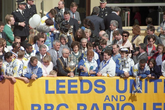 The Leeds United squad and their families at the civic celebrations.
