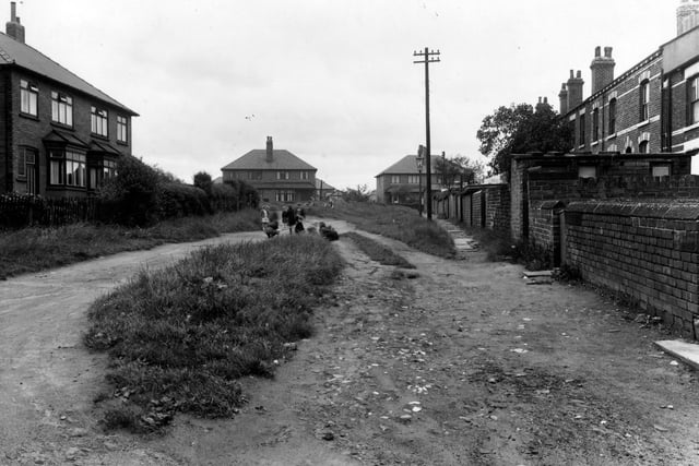 A view of Back Mount Pleasant looking west onto Lingwell Crescent. Children are playing in the street, with a bicycle and tricycle in the background.