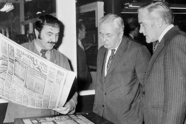 Touring the Yorkshire Post Newspapers' building in Wellington Street was Sir Harold Wilson. He is shown a page being made ready for the presses by Tony Laycock of the stereo department.