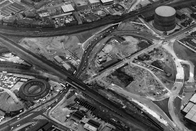 An aerial view of the new roundabout system on Wellington Road in Leeds.