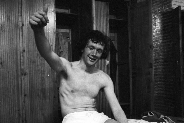 Trevor Cherry celebrates in the dressing room after the European Cup semi-final Second leg against Barcelona in the Nou Camp.