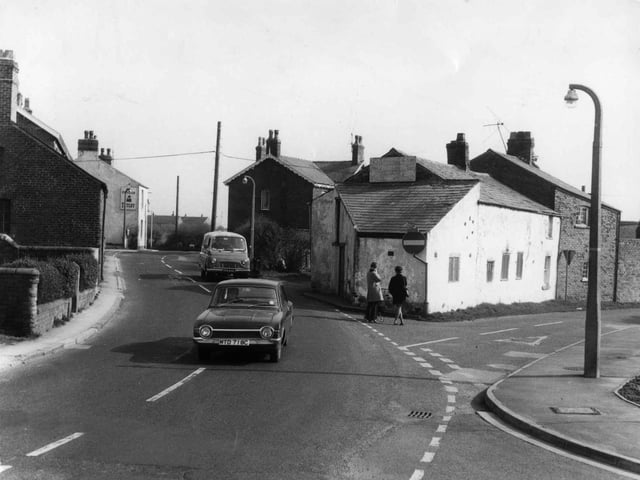 A view from 1974 of Staining Road at the junction with Staining Road West in the village of Staining.