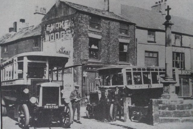 Smiths of Blackpool ran a very early service to Poulton. Two bone shakers are pictured by the cross and stocks in the square