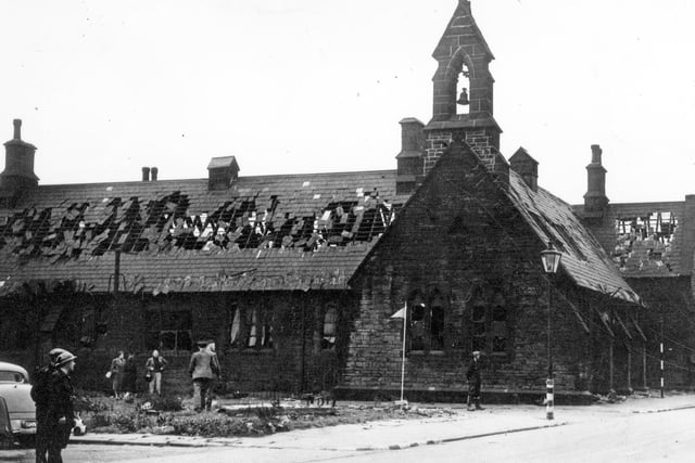 This photo shows bomb damage to St. John's Sunday School on Whitehall Road which occurred in August 1940.