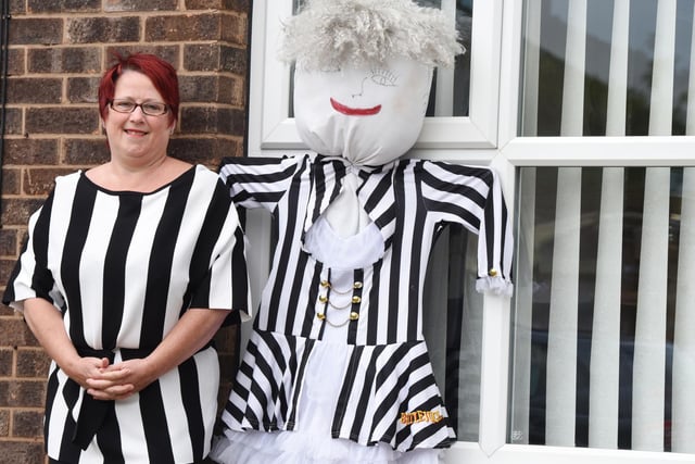 Gail Patterson with her Beetlejuice scarecrow.