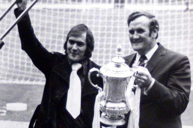 Terry Cooper, who broke his leg in 1972, and Don Revie with the FA Cup.