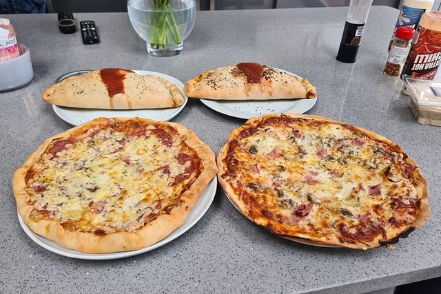 Homemade pizzas and calzones from Kathy Wilson.