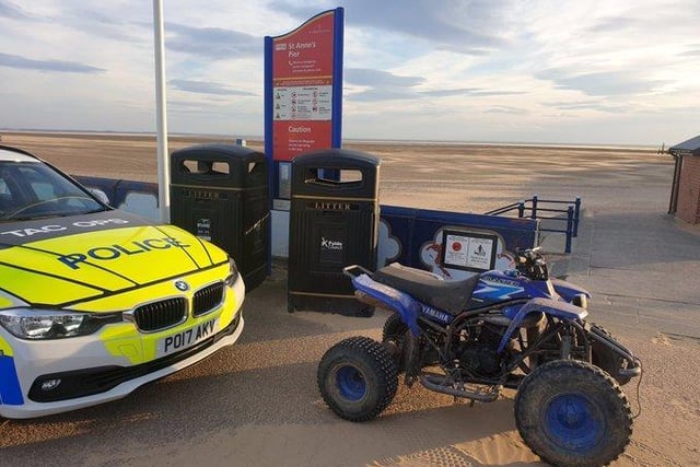 Numerous reports of quad bikes riding along the beach in an Anti Social manner between Blackpool and Fairhaven Lake. Owing to manner of riding observed by police, this bike was seized under Section 59. Rider to be reported to 
@fyldecouncil for bylaw offences