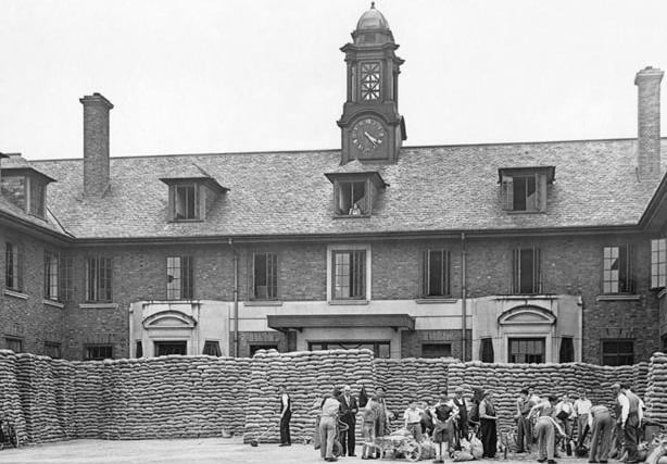 A sandbagged Blackpool Victoria Hospital entrance in 1939