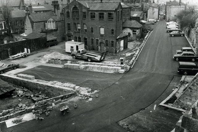 The New Garden Street car Park at Hebden Bridge during the final phases of its construction in March 1981