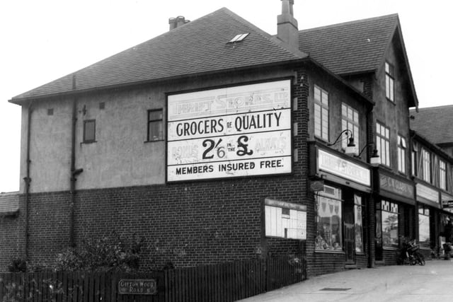 Thrift Stores at 176 Easterly Road with junction of Gipton Wood Road. Clifford Gunby, butchers can be seen on the right at 174 with Marjorie Stokoe, Ladies Hairdresser just visible next door.