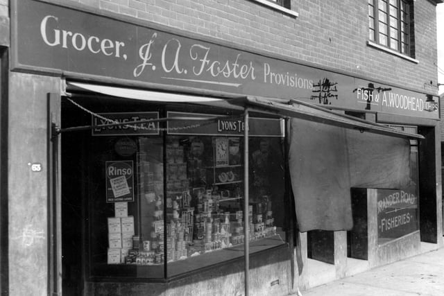 View of the grocery business of J.A Foster who was at 63 Brander Road. A. Woodhead, Fish and chip shop can be seen next door