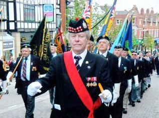 Lawrence Powers, 87, standard bearer for the Royal British Legion pictured at an event in Wigan town centre to mark VE Day.