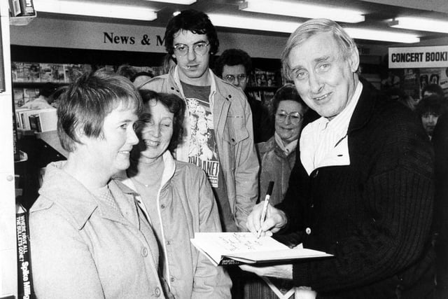 Comic Spike Milligan was at Austicks Bookshop on The Headrow where he was signing copies of his latest book, Where have all the bullets gone?