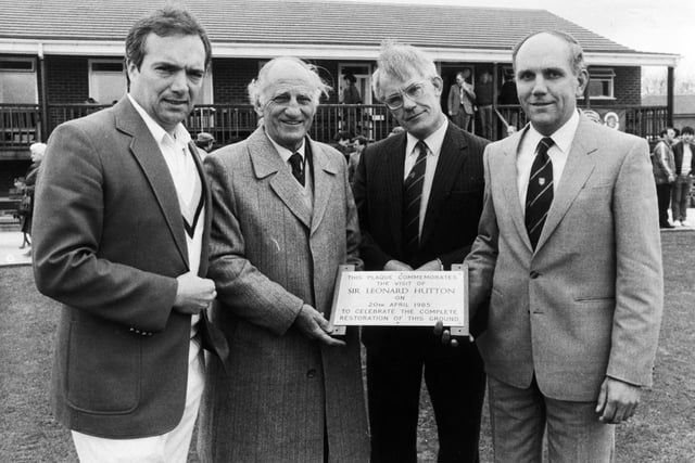Sir Len Hutton was back in his native Pudsey to unveil a plaque commemorating the restoration of the Britannia ground. Sir Len is pictured next to Phil Carrick (left) with Congs chairman Ralph Middlebrook and Cliff Bales (right).
