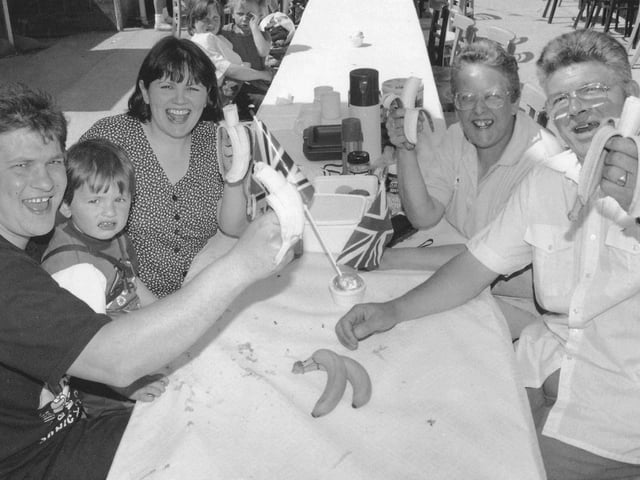 A celebration of bananas for the Stokes family from Pickering, with Joy and Bill Craze, right, at Eden Camp museum near Malton.