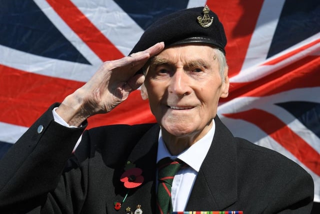 Preston-born George Leslie Hall, 100, and a former prisoner of war, salutes Britain and its armed forces on the 75th anniversary of VE Day