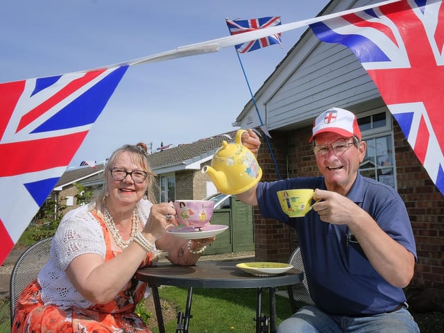 Kaye Wardman Seal and Chris Skelton celebrate VE day in Fountayne Road, Hunmanby
