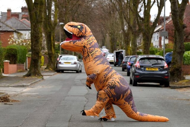 Olivia Heeley, 17, from Ashton taking her daily exercise dressed in a dinosaur isolation suit has been bringing cheer and joy to the neighbourhood