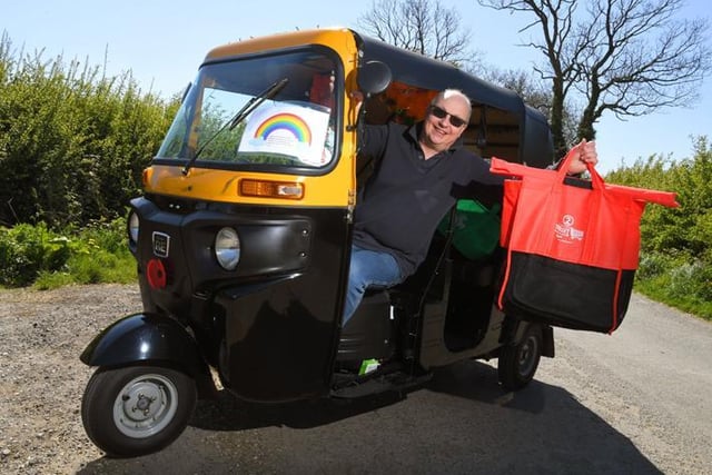 Stuart in his head turning tuktuk that he uses for charity events and to go shopping during the lockdown