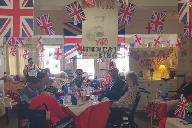 Residents at The Sands care home in Morecambe celebrating VE Day with a party.