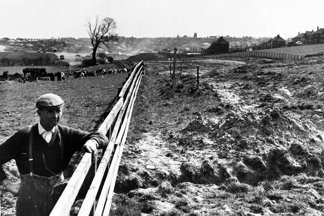 April 1967 and Eric Fryer, of Woodnook Farm surveys the progress of Stanninglery Bypass which cuts through his land.