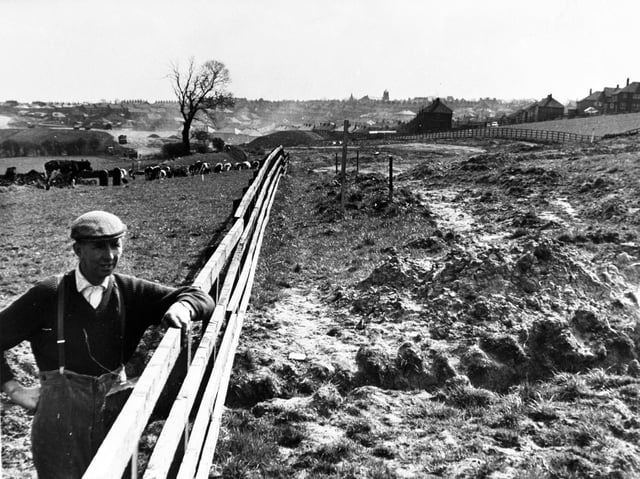 April 1967 and Eric Fryer, of Woodnook Farm surveys the progress of Stanninglery Bypass which cuts through his land.
