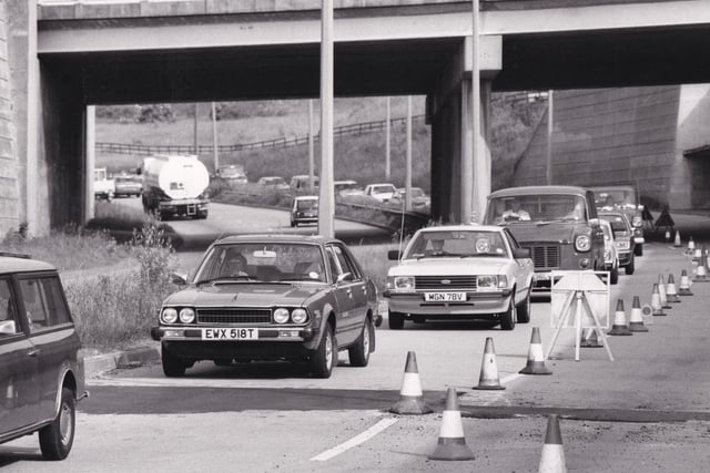 June 1981 and motorists queue to negotiate a ramp on Stanningley Bypass.
