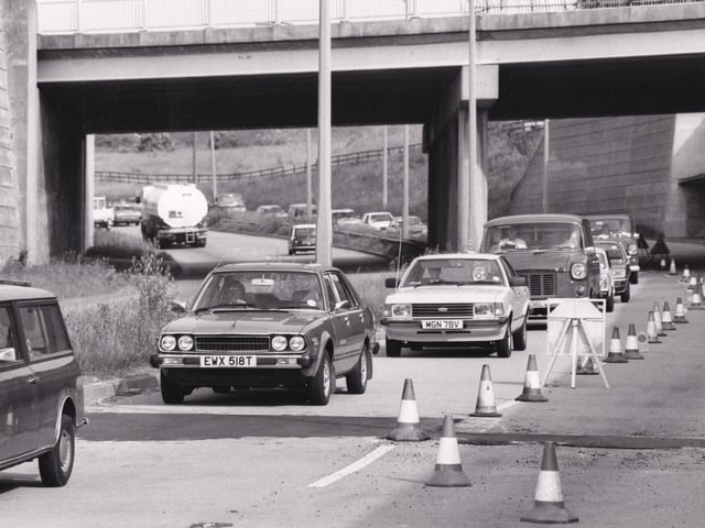 June 1981 and motorists queue to negotiate a ramp on Stanningley Bypass.