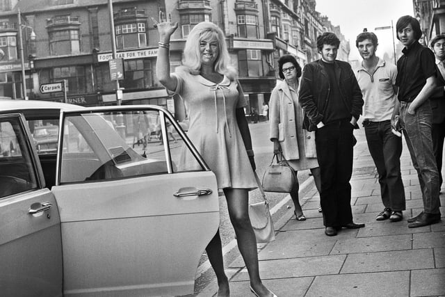 Blonde bombshell actress Diana Dors arrives at the Queens Hall for her show in September 1971. Picture by Brian McAuley