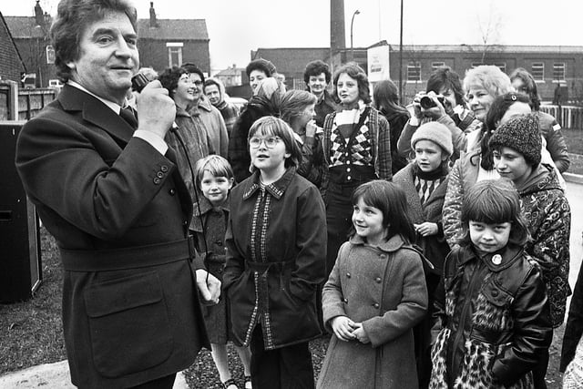 Actor Peter Adamson, who played Len Fairclough in Coronation Street, with fans at the new Wainhomes building site in Wigan Road, Westhoughton, which he officially opened on Sunday the 6th of March 1977.