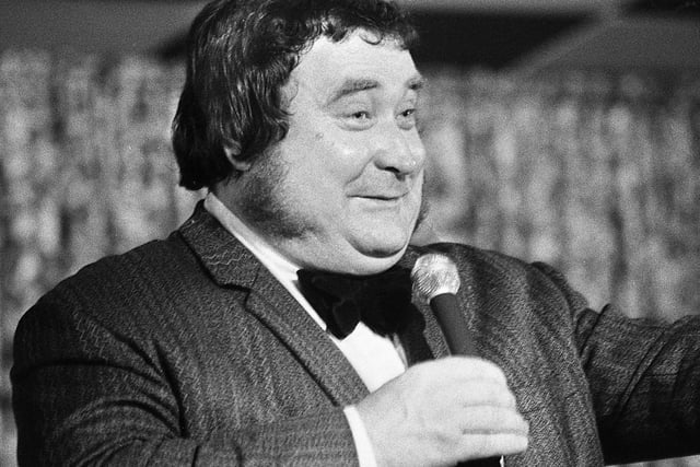 Comedian Bernard Manning on stage at Poolstock Cricket Club on Tuesday night 14th of August 1973.