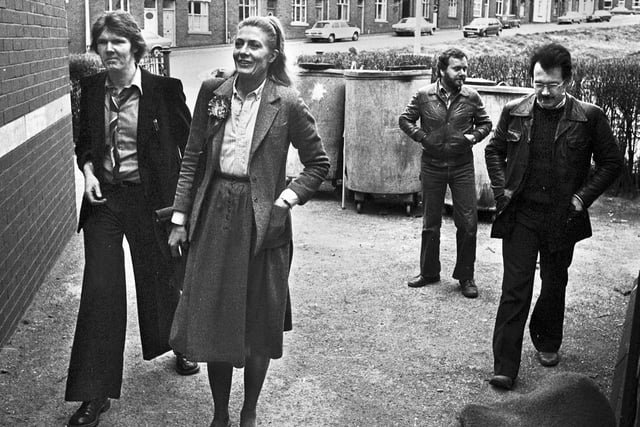 Film star and politician, Vanessa Redgrave, arrives at Whelley Middle School for a pre general election debate in April 1979.  As a founder member of the Workers Revolutionary Party she was supporting local candidate, Tony Smith, left.