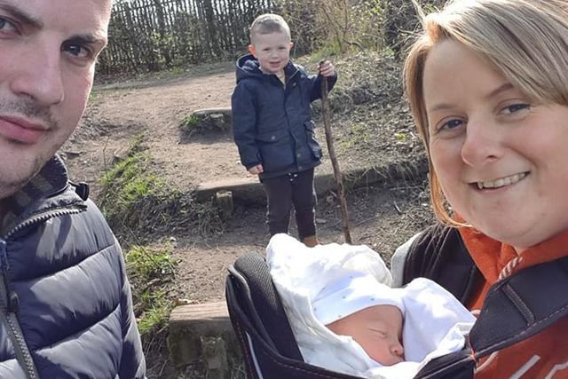 Kim Green sent in - Our first walk as a family of four, our new baby Freddie born during lockdown with Mummy Daddy and big brother George.