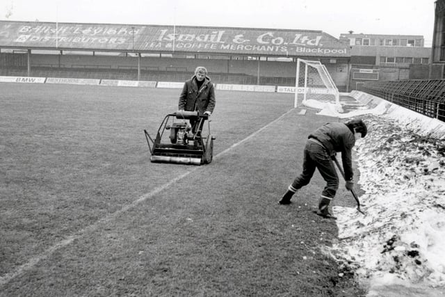 Groundsman Cyril Robinson gives the grass a trim at Bloomfield Road 1981